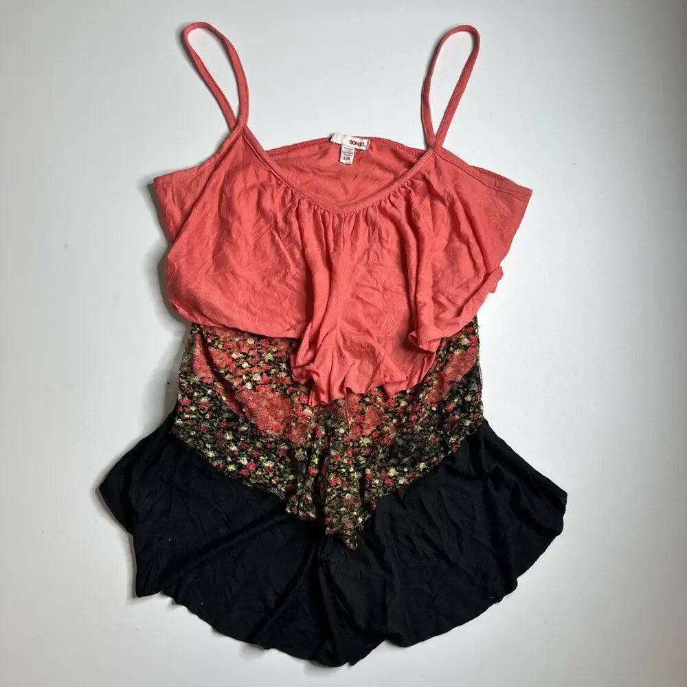 Vintage Y2K Bongo Floral Mesh Layered Cami Tank Top L Coquette Fairycore Pink
